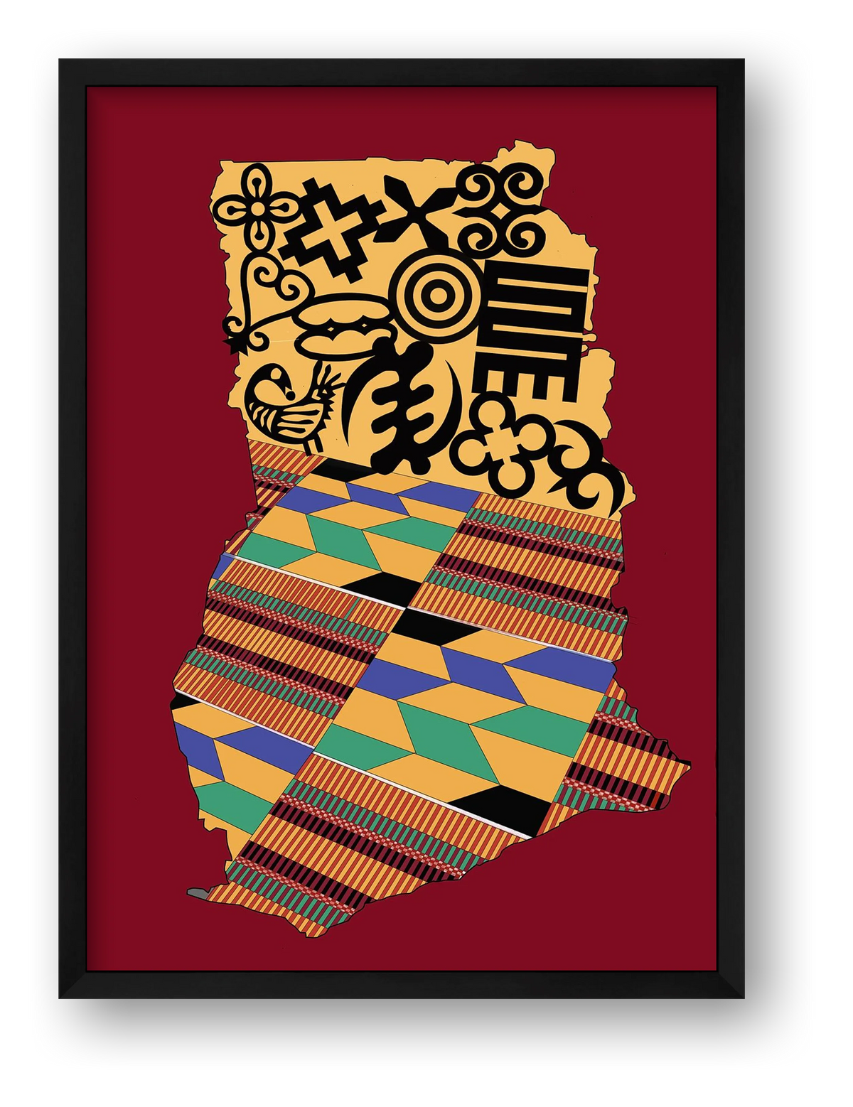 MAP OF GHANA SYMBOLS copy red — framed